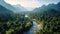 Aerial view of Beautiful natural scenery of river in southeast Asia tropical green forest with mountains in background