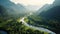 Aerial view of Beautiful natural scenery of river in southeast Asia tropical green forest with mountains in background