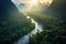 Aerial view of Beautiful natural scenery of river in southeast Asia tropical green forest with mountains in background