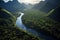 Aerial view of Beautiful natural scenery of river in southeast Asia tropical green forest with mountains in background