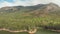 Aerial view beautiful nature with mountains and hills by Lake Mattupetty. Kerala State. Near the city of Munar.