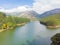 Aerial view beautiful nature with mountains and hills by Lake Mattupetty. Kerala State. Near the city of Munar.