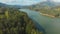 Aerial view beautiful nature with mountains and hills by Lake Mattupetty. Kerala State. Near the city of Munar.