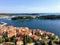 An aerial view of the beautiful old town of Rovinj, Croatia on the Istria Peninsula along the Adriatic Sea from the bell tower.