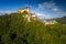 Aerial view of beautiful Orava castle at sunrise