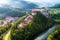 Aerial view of beautiful Orava castle at sunrise