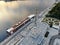 Aerial view is a beautiful panorama of the renovated Northern River Station in Moscow. Passenger ships are waiting for passengers