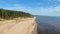 Aerial view of beautiful sea landscape. Drone view of a sandy beach, green trees and silent sea in a sunny day with blue sky.