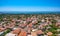 Aerial view of the beautiful seaside town Areopoli with traditional architectural buildings and stoned houses in Laconia, Greece