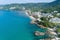 Aerial view of beautiful sunny day Seashore at Kalim beach near Patong beach in Phuket Thailand Amazing sea landscape High angle