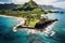 Aerial view of beautiful tropical beach with turquoise water and white sand. Drone photo, Hawaii Beach Aerial, AI Generated