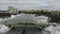 Aerial view beautiful urban landscape railway bridge over freezing river