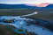 The aerial view of the beautiful waterfall of Godafoss at link sunset, Iceland in the summer season