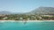 Aerial view of beautiful wood bridge `Puente Romano` - Marbella. Empty beach