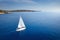 Aerial view of beautiful yacht. Boat on the sea at sunset