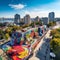 Aerial view of Belgrade's iconic landmarks with vibrant street art and bustling cityscape