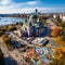 Aerial view of Belgrade's iconic landmarks with vibrant street art and bustling cityscape