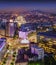 Aerial view of Belgrade Slavia Square, St Sava Temple, Avala Mountain by night