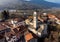 Aerial view of the bell tower of the Saint Maria Maddalena Church in Ferrera di Varese, province of Varese, Italy