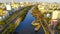 Aerial view of Ben Binh Dong (Binh Dong harbour) in lunar new year ( Tet Festical in Vietnam) with flower boats along side the