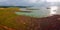 Aerial view of Ben Nom fishing village, a brilliant, fresh, green image of the green algae season on Tri An lake, with many