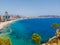 Aerial view of Benidorm, in Spain, with its towering skyscrapers and Poninete beach in front