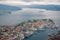 Aerial view of Bergen, Norway. Scenic view of city center, Vagen harbor and Puddefjorden