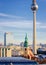 Aerial view in Berlin with St Mary Church and Fernsehturm