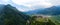 Aerial view of Beseno Castle and northern vineyards, the largest fortified structure in Besenello, Trento, Italy. wide panorama