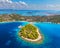 Aerial view of beutiful small island in sea bay at sunny day