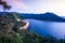 Aerial view of the Bhumibol Dam at sunset, concrete arch dam on