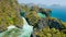 Aerial view of big and small lagoon on Miniloc Island. El-Nido, Palawan. Philippines. Limestone rock formation covered