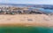 Aerial view, bird's eye view of the Portuguese city of Portimao beaches and the tourist area of the Algarve. Summer is