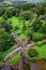 Aerial view of Blarney castle\'s towers and park
