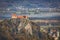 Aerial view of Bled castle on the rock on the bank of Lake Bled