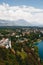 Aerial view of the Bled city, St. Martin`s Parish Church, resorts, hotels, houses, parks and beaches situated on the