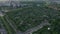 Aerial view of block of community gardens in urban neighbourhood. Piece of greenery in city. Berlin, Germany