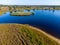 Aerial view on blossom of heather, forest and lakes. Sunny morning in Nature protected park area De Malpie near Eindhoven, North