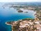 Aerial view of the blue sea and green shoreline. Croatia.