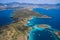 Aerial view of blue sea, islands, yachts along the mediterranean coast. Landscape of turkish riviera nature