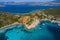 Aerial view of blue sea, islands, yachts along the mediterranean coast. Landscape of turkish riviera nature