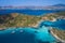 Aerial view of blue sea lagoon and yachts along the mediterranean coast. Landscape of turkish riviera nature