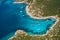 Aerial view of blue sea lagoon and yachts along the mediterranean coast. Landscape of turkish riviera nature