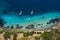 Aerial view of blue sea lagoon and yachts along the mediterranean coast. Landscape of turkish riviera nature