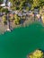 Aerial view of Bo Chet Luk port Harbour with long tail boats, in Satun Geopark, Thailand