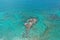 Aerial view of boats anchored off coral islet off North Bimini, Bahamas.