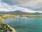 Aerial view of boats in Black River lagoon, Mauritius