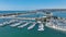 Aerial view of boats and kayaks in Mission Bay in San Diego, California. USA.