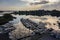 Aerial view of boats moored at wooden docks at the sea in Westchester, New York at sunrise