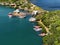 Aerial view of boats parked near island of Curacao sea